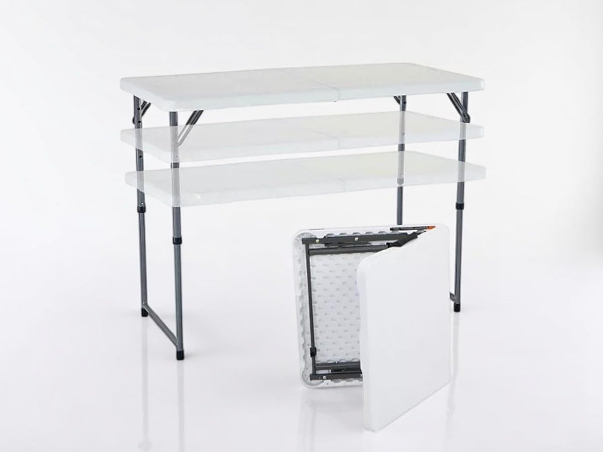 4 Foot Adjustable Height Folding Half Table White Plastic Top Steel Frame U7517