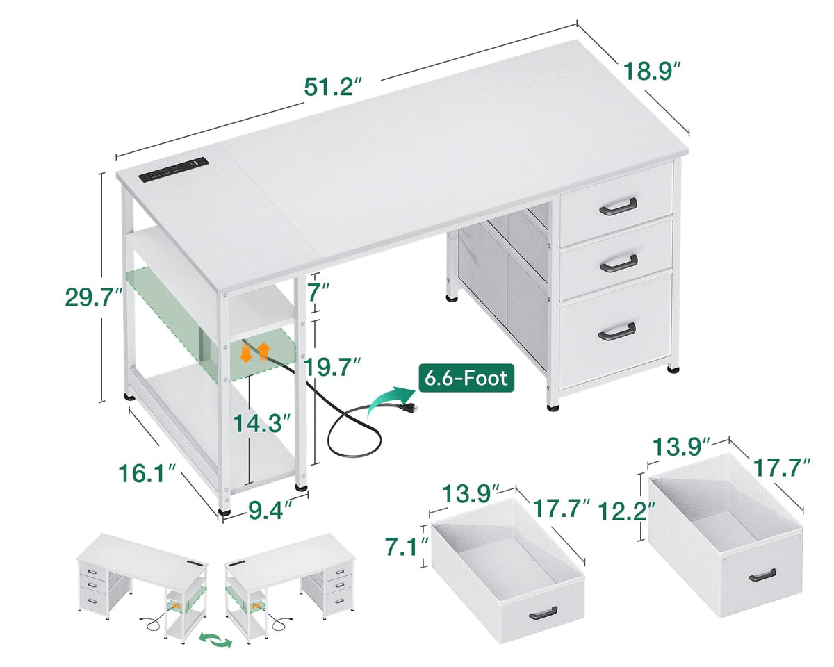 51 Inch White Computer Desk with Drawers G469784