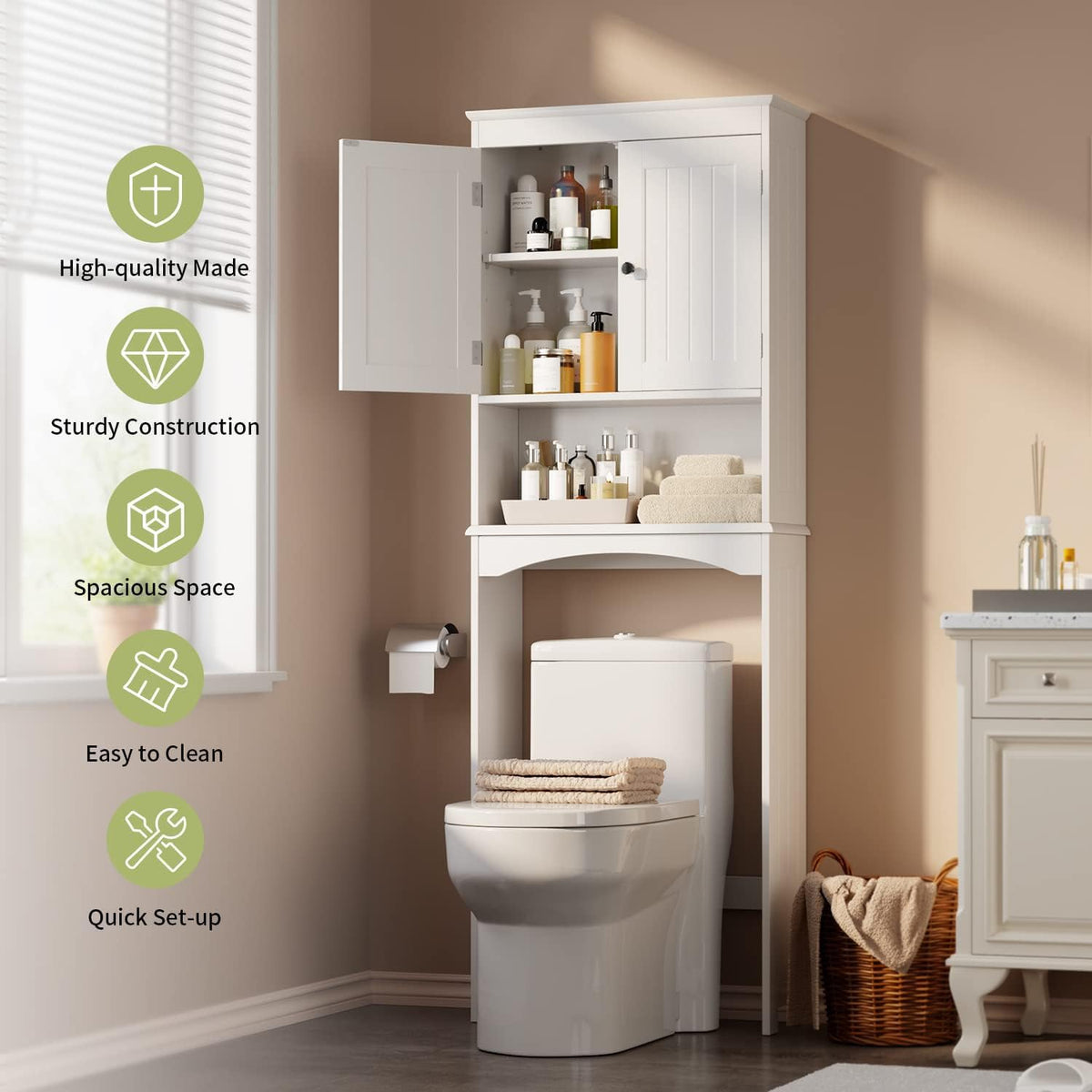 Over the Toilet Storage Cabinet with Adjustable Shelf, White U7644
