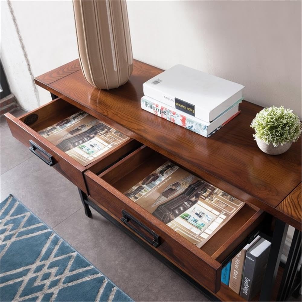 Industrial Wood Console Table with 2 Drawers and Storage Shelf N671