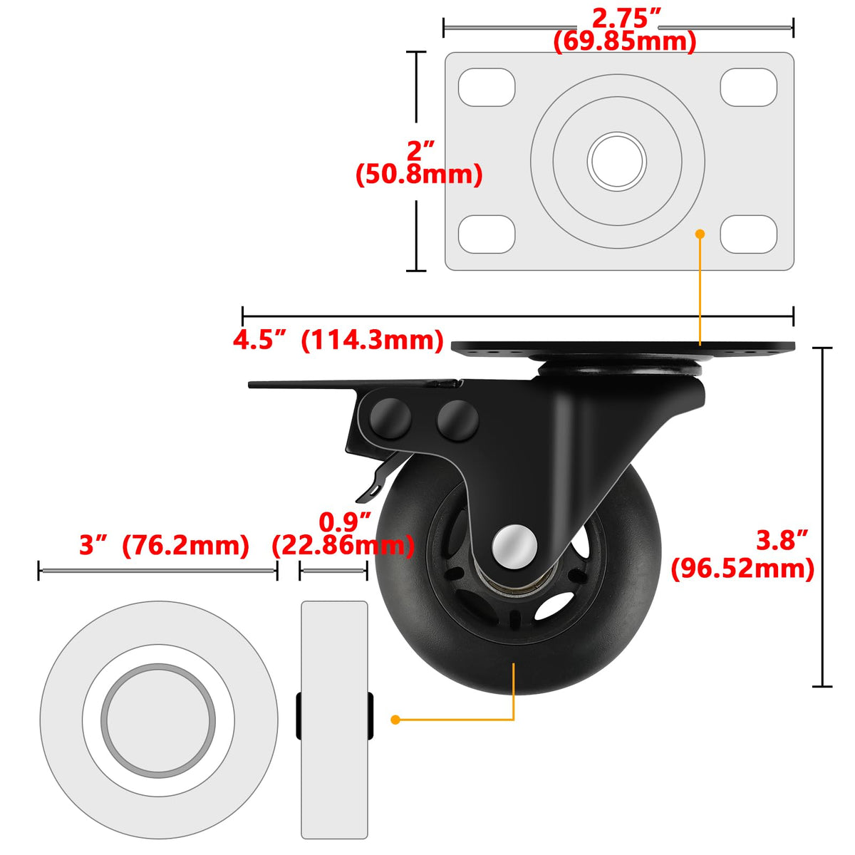 3” Lock Casters Set of 4 Heavy Duty I5326