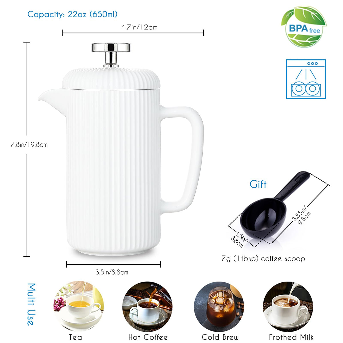 Porcelain French Press 22 fl oz Coffee Tea Maker with Stainless Steel Plunger Ivory I497699