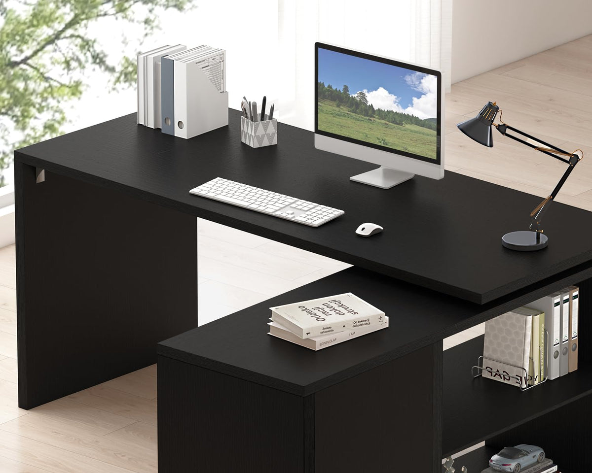 Black L Shaped Wood Computer Desk with Storage J428578