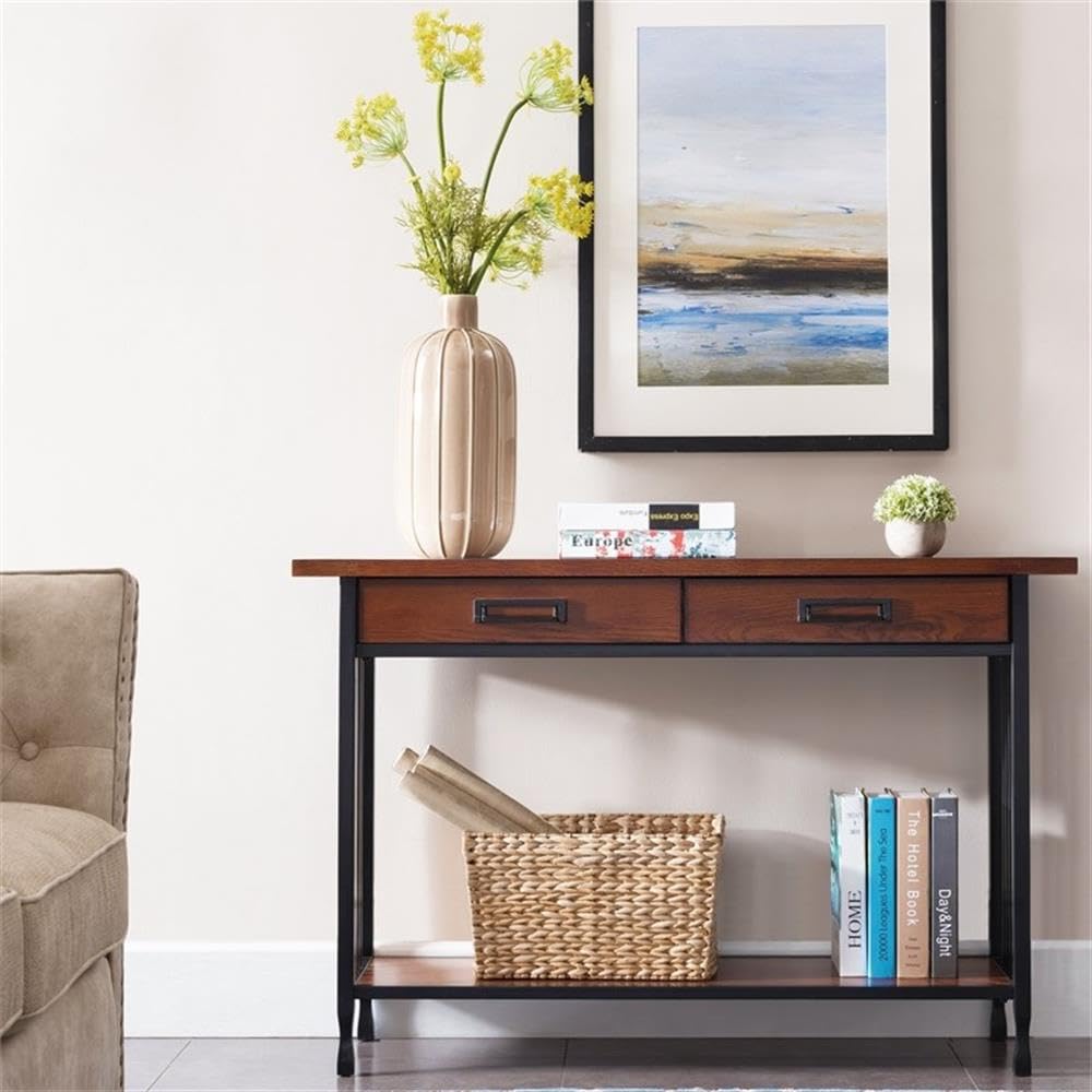 Industrial Wood Console Table with 2 Drawers and Storage Shelf N671