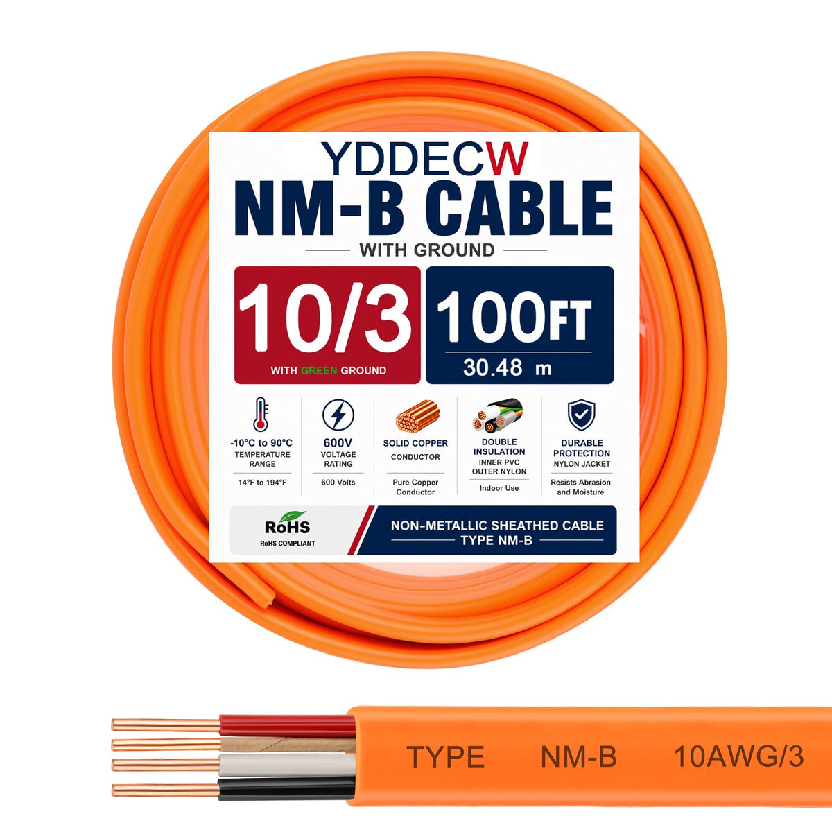 10 Gauge 3 Conductor NM-B Wire with Ground 100FT H85584