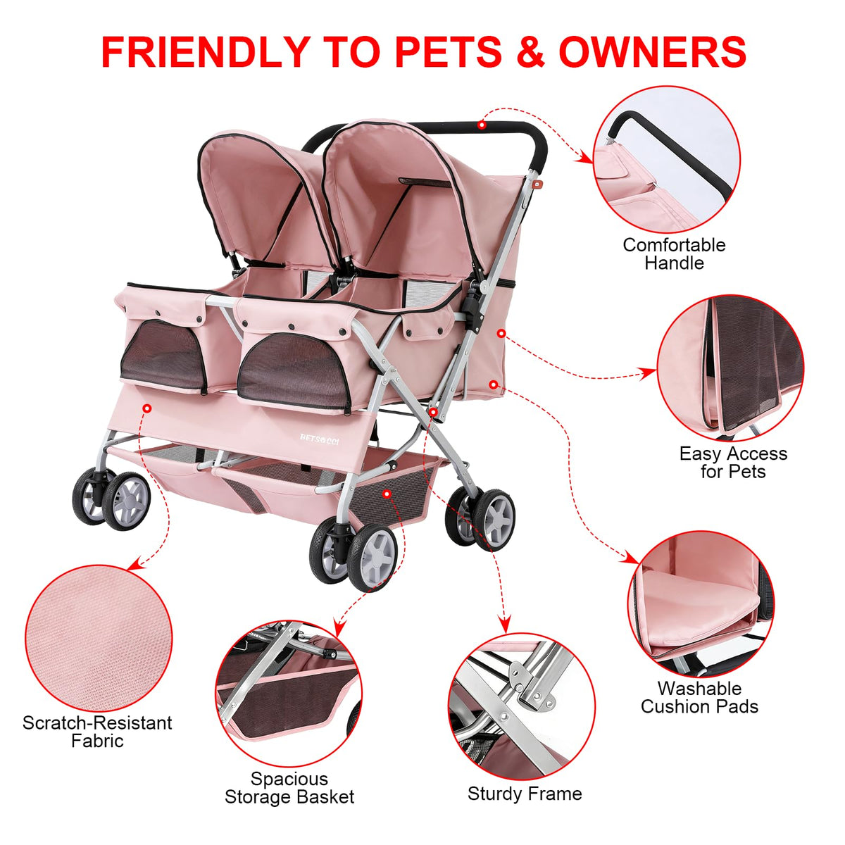 Double Pet Stroller for 2 Small Dogs & Cats, Side-by-Side Twin Travel Carriage with Safety Leashes, Mesh Windows & Double Storage Baskets, Lightweight & Foldable, 44lbs Capacity, Pink U5630