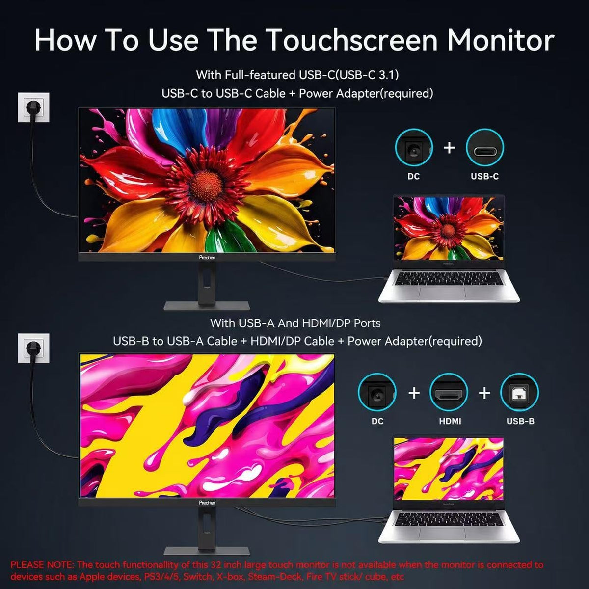 32 Inch 4K Touch Monitor, 144Hz UHD 3840x2160 Touchscreen, HDMI 2.1 & DP 1.4 & Type-C, HDR 400, Height-Adjustable Stand VESA Mountable G92777