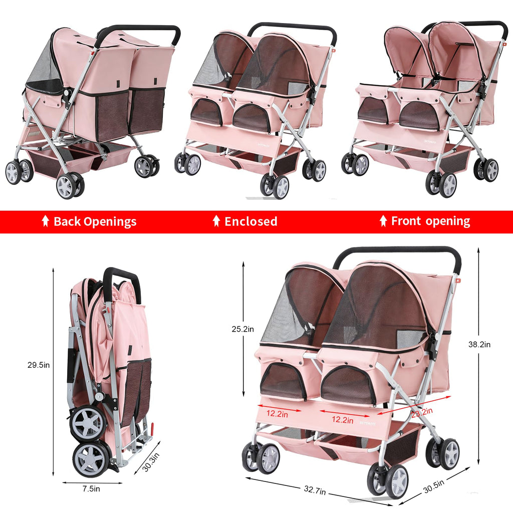 Double Pet Stroller for 2 Small Dogs & Cats, Side-by-Side Twin Travel Carriage with Safety Leashes, Mesh Windows & Double Storage Baskets, Lightweight & Foldable, 44lbs Capacity, Pink U5630