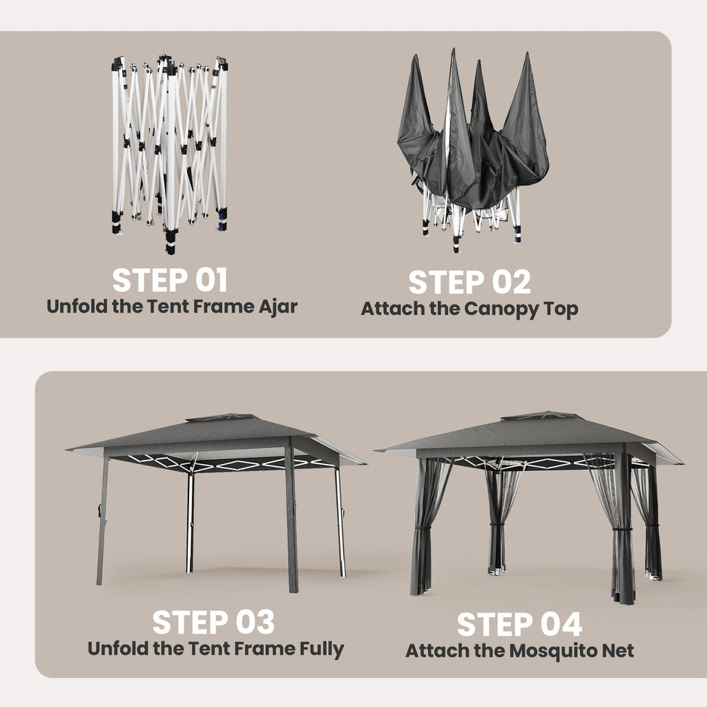 13x13 Pop Up Gazebo Tent with Mosquito Netting Grey C54341