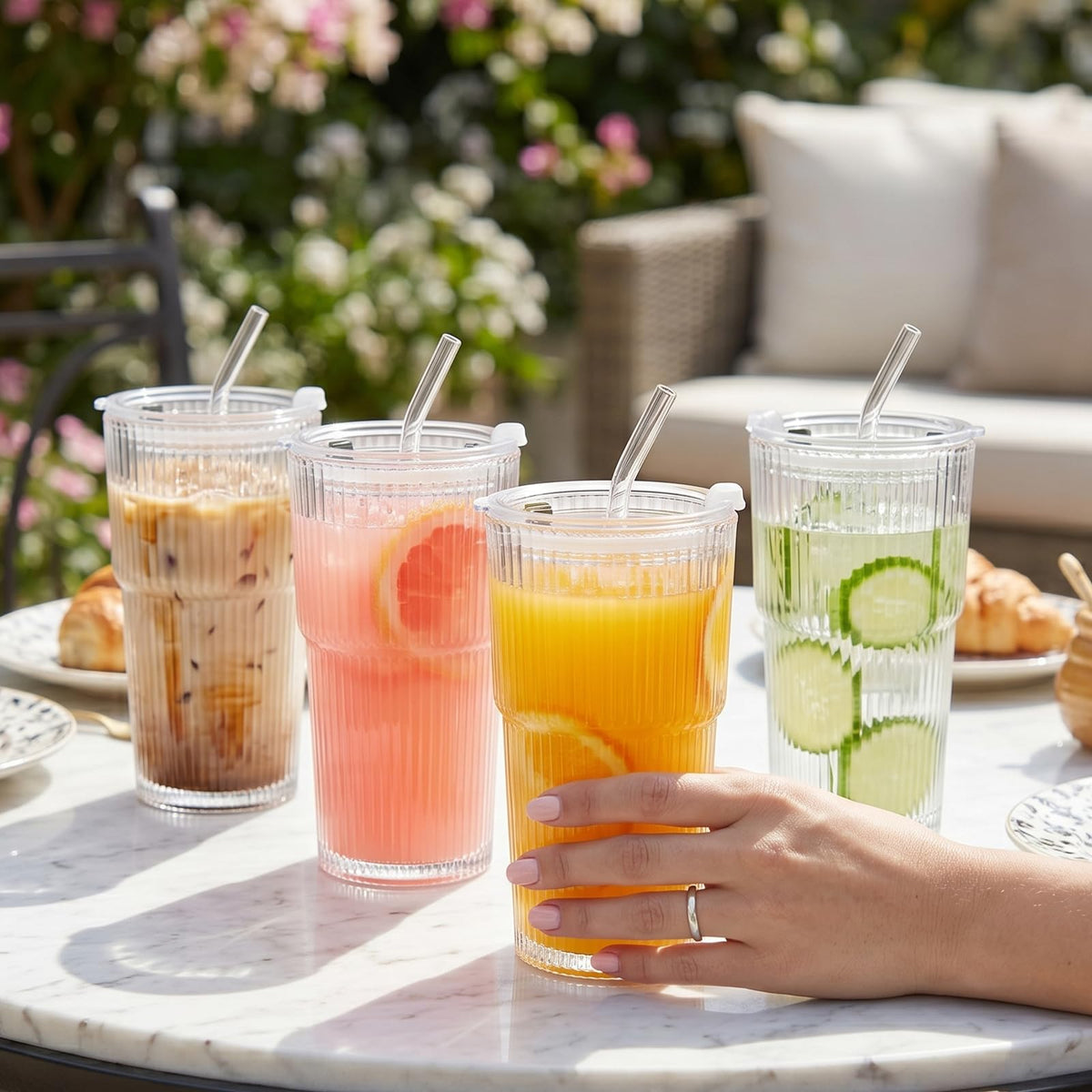 20oz Ribbed Glass Cups with Lids and Straws, Set of 4 W37571