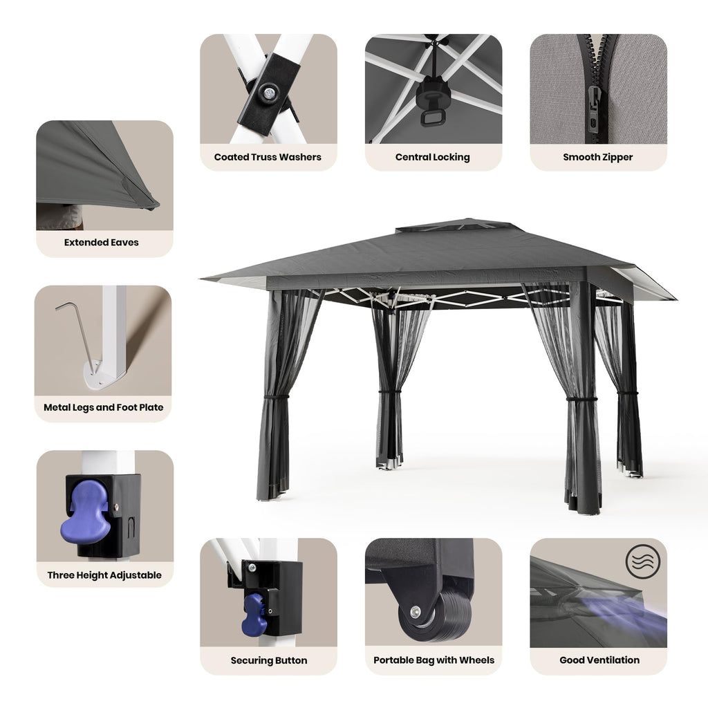 13x13 Pop Up Gazebo Tent with Mosquito Netting Grey C54341