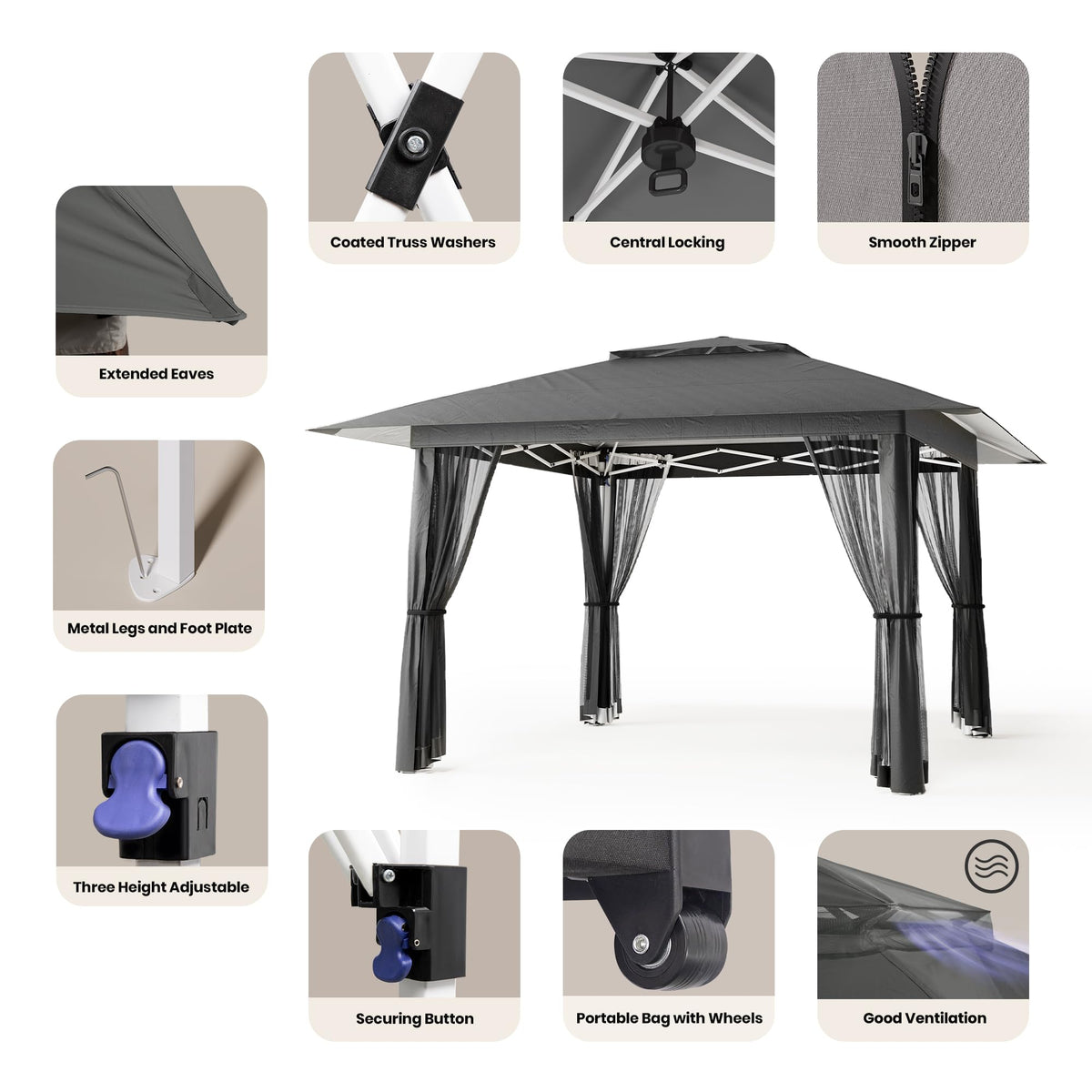 13x13 Pop Up Gazebo Tent with Mosquito Netting Grey C54341