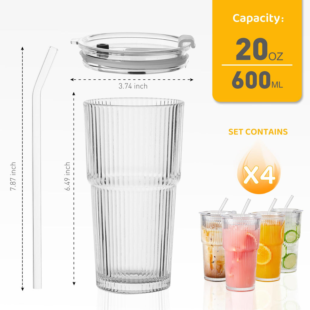 20oz Ribbed Glass Cups with Lids and Straws, Set of 4 W37571