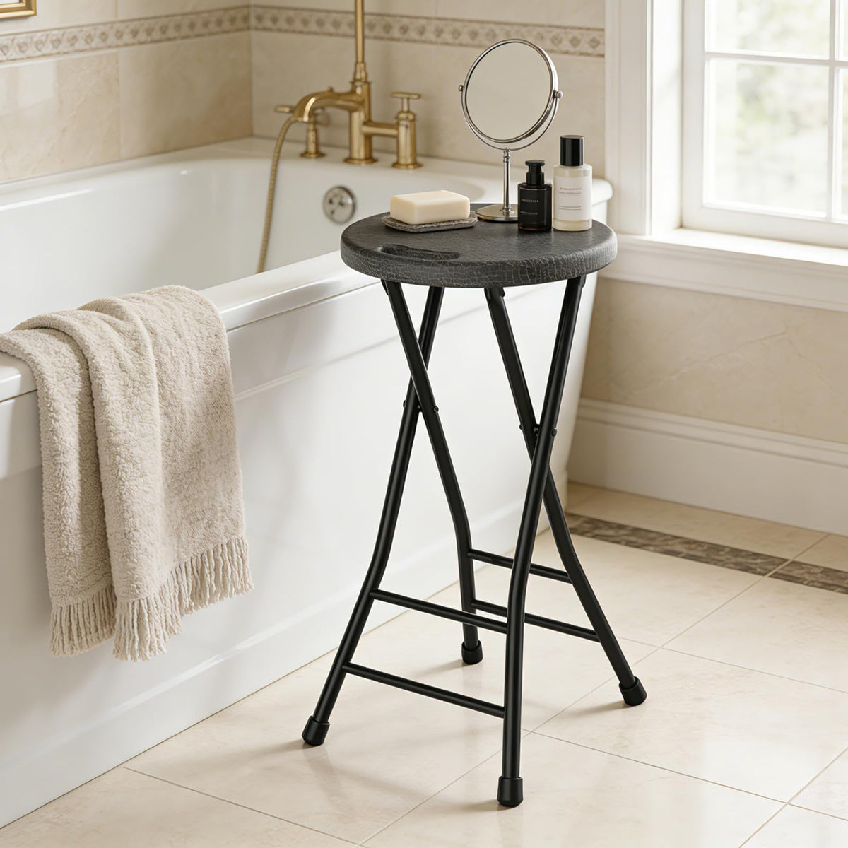 Black 18 Inch Folding Stool with Handle, Pack of 2 O880226
