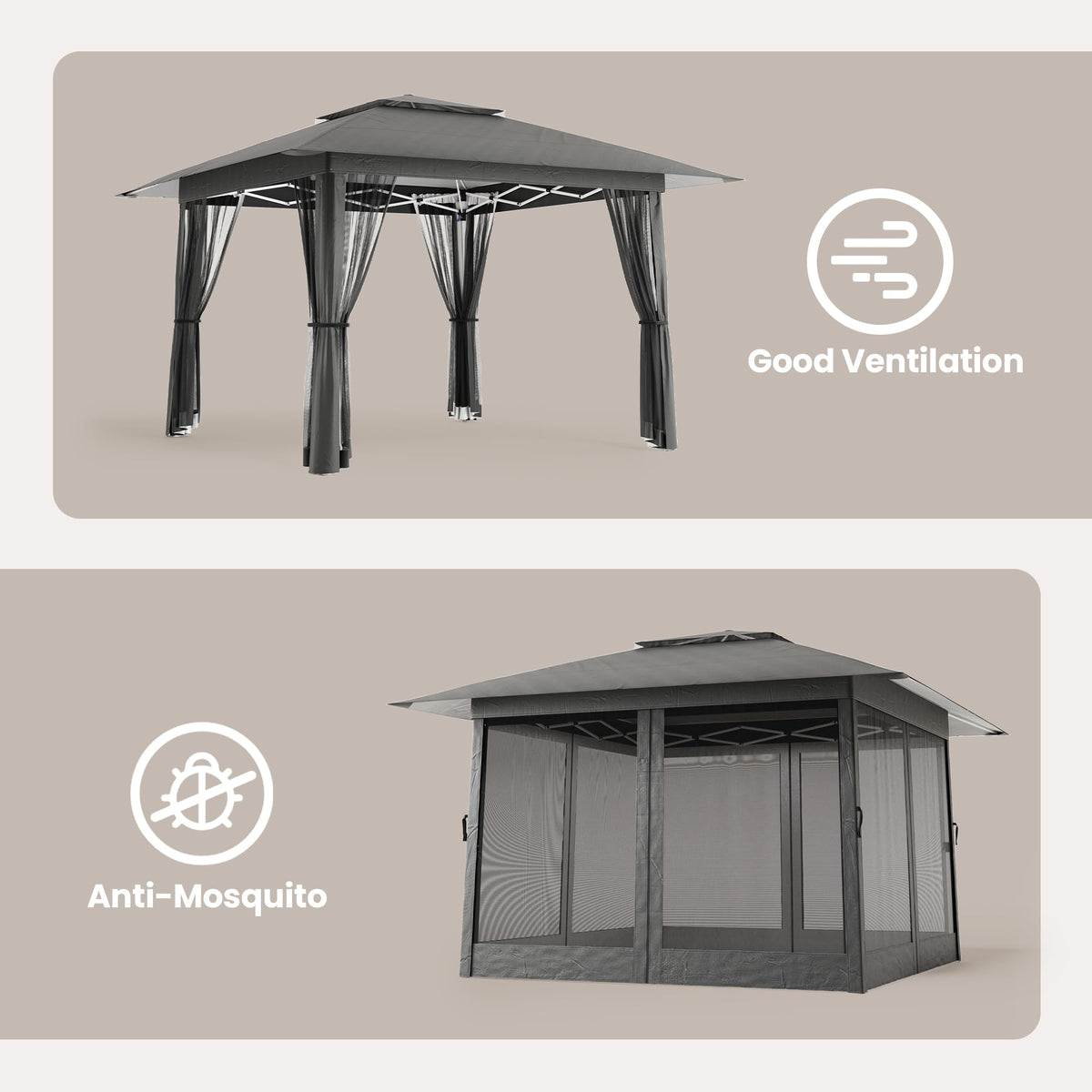 13x13 Pop Up Gazebo Tent with Mosquito Netting Grey C54341