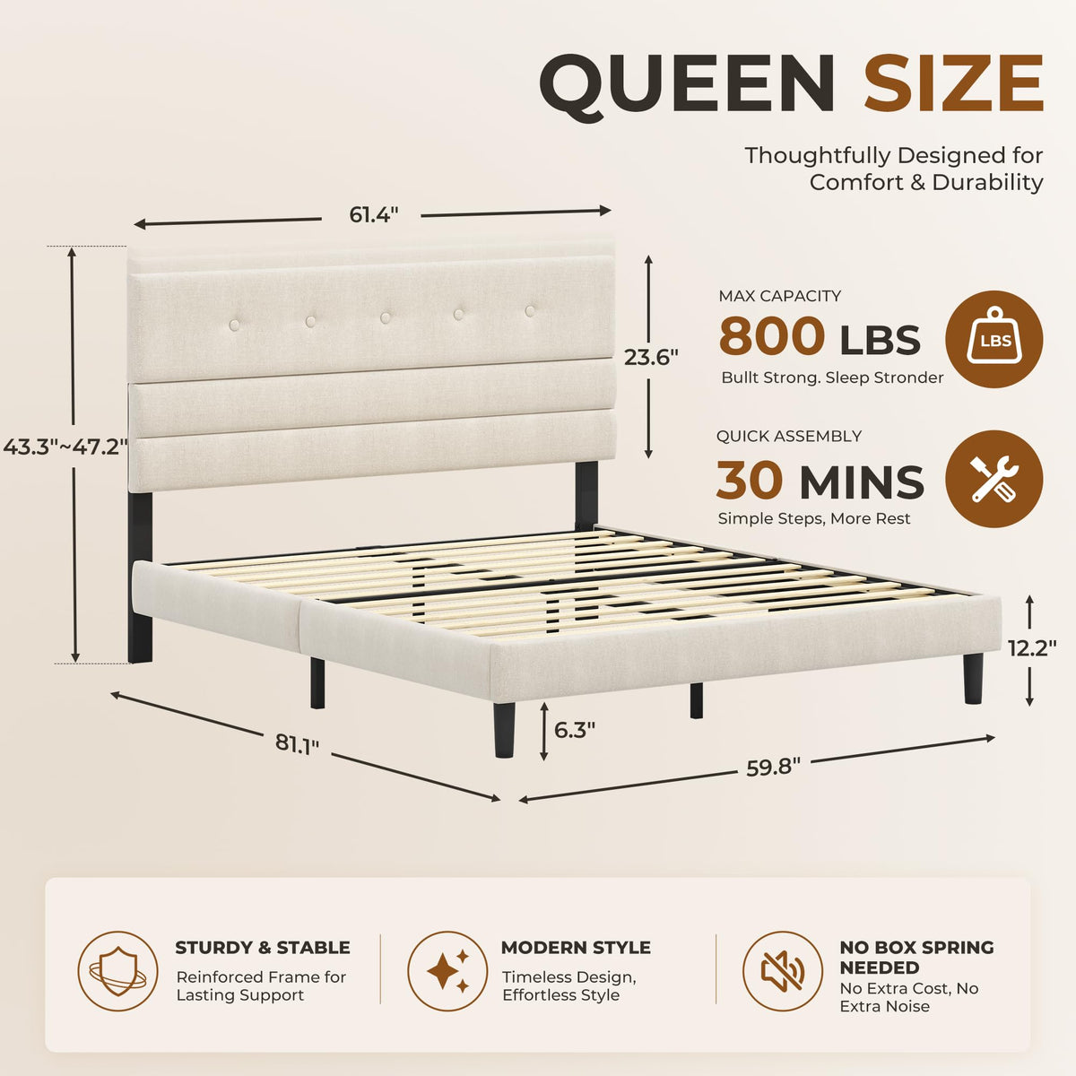 Queen Size Linen Fabric Upholstered Platform Bed Frame J662