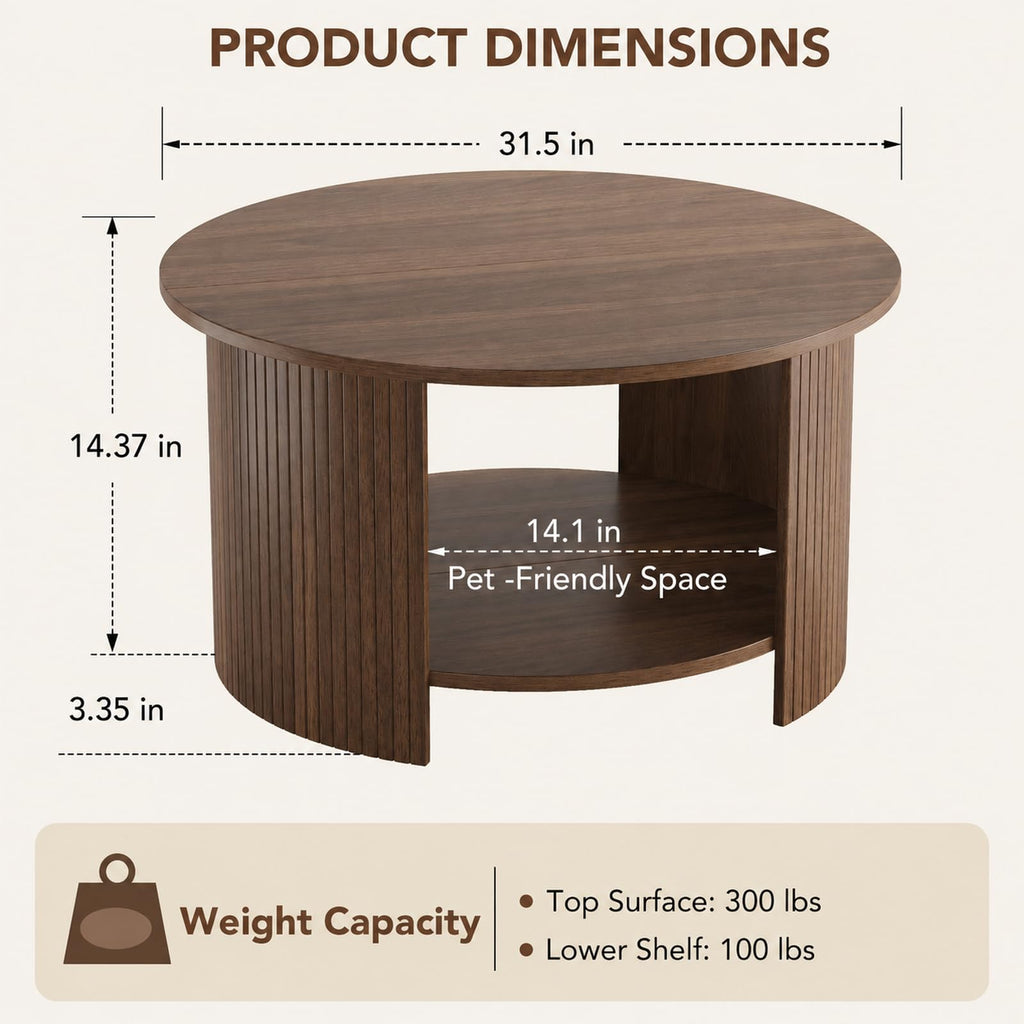Round Coffee Table with Storage, 31.5" Modern Fluted 2-Tier Wood Coffee Table C530