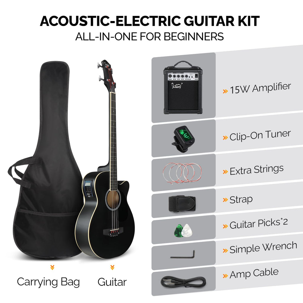 Full Size 4 Strings Acoustic Electric Bass Guitar Kit Matte Black B729