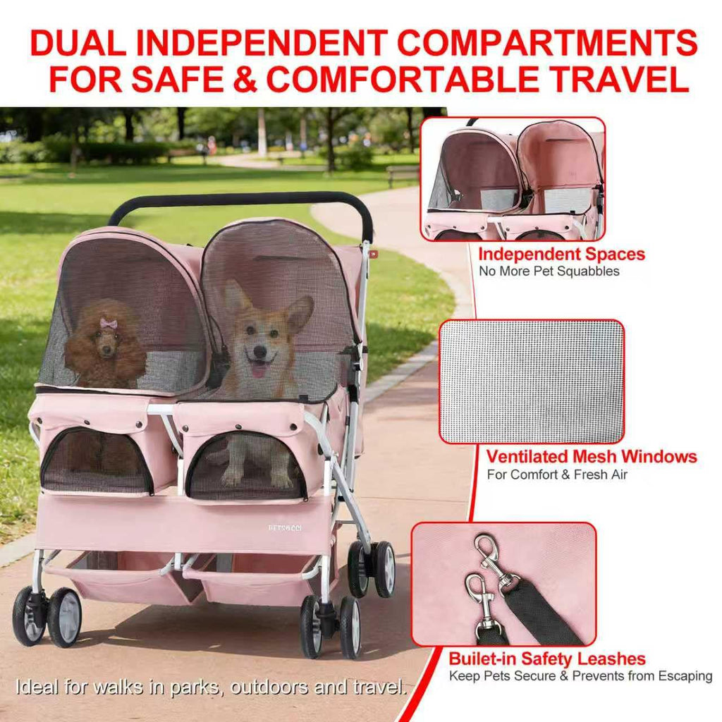 Double Pet Stroller for 2 Small Dogs & Cats, Side-by-Side Twin Travel Carriage with Safety Leashes, Mesh Windows & Double Storage Baskets, Lightweight & Foldable, 44lbs Capacity, Pink U5630