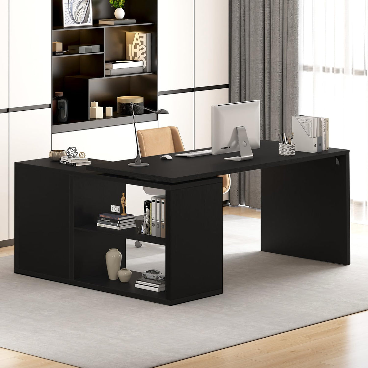 Black L Shaped Wood Computer Desk with Storage J428578