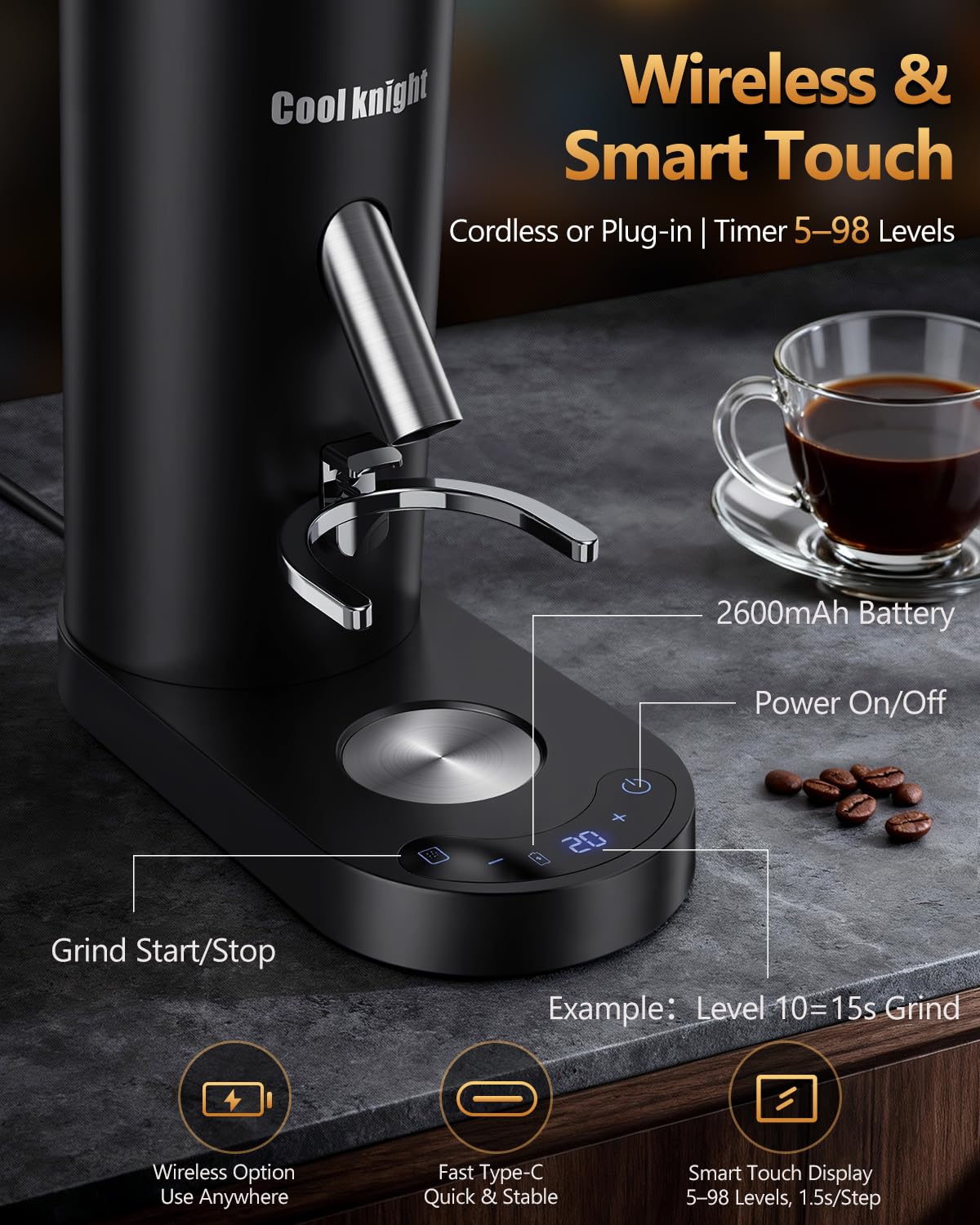Rechargeable Conical Burr Coffee Grinder with 60 Grind Settings Z9144