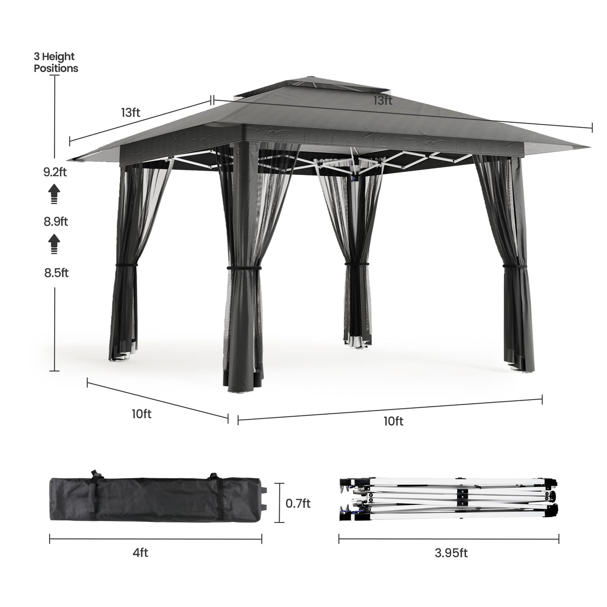 13x13 Pop Up Gazebo Tent with Mosquito Netting Grey C54341