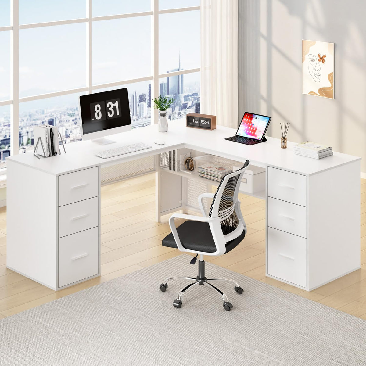 White L Shaped Desk with Drawers T193014