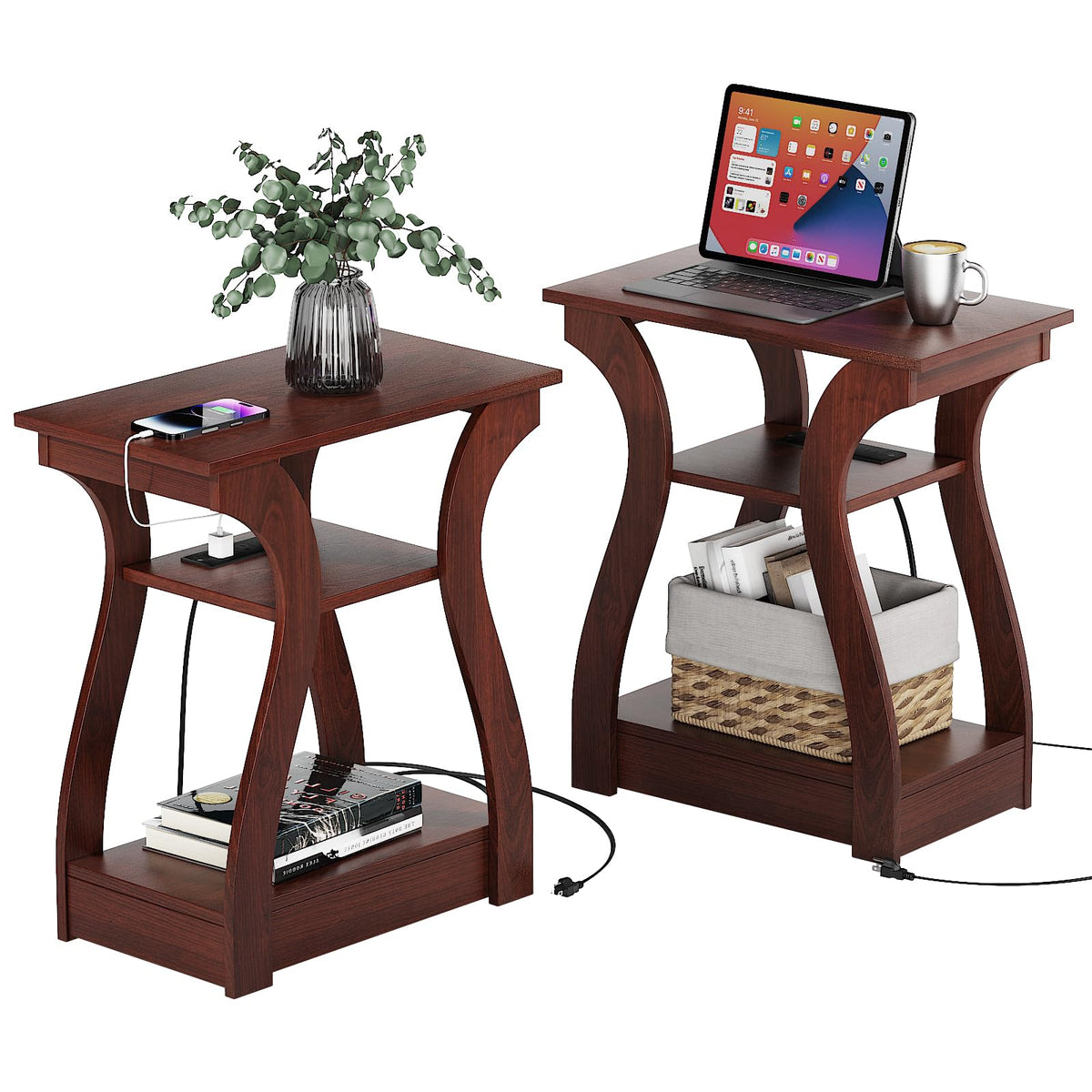 Cherry End Tables Set of 2 with Charging Station Z80152