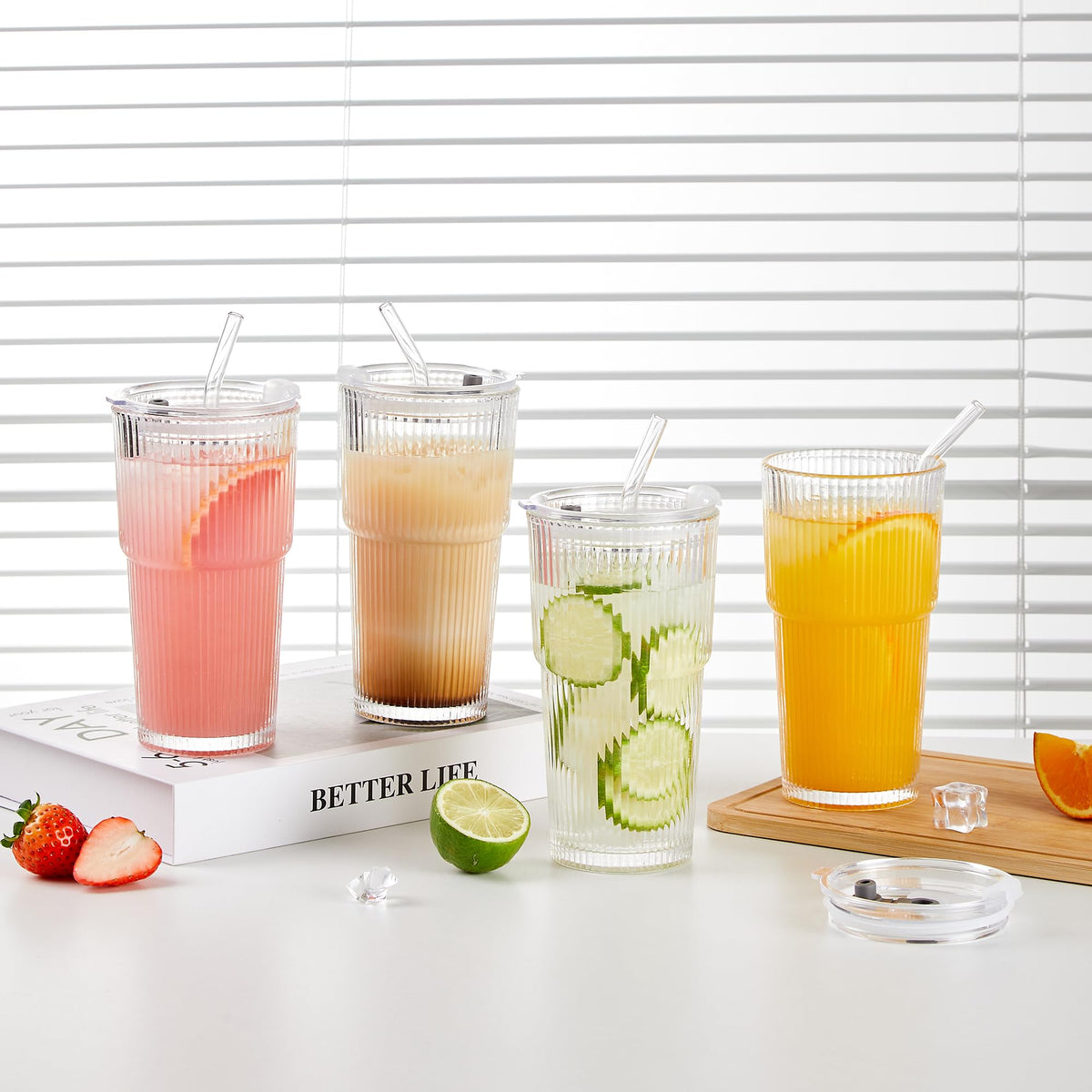 20oz Ribbed Glass Cups with Lids and Straws, Set of 4 W37571