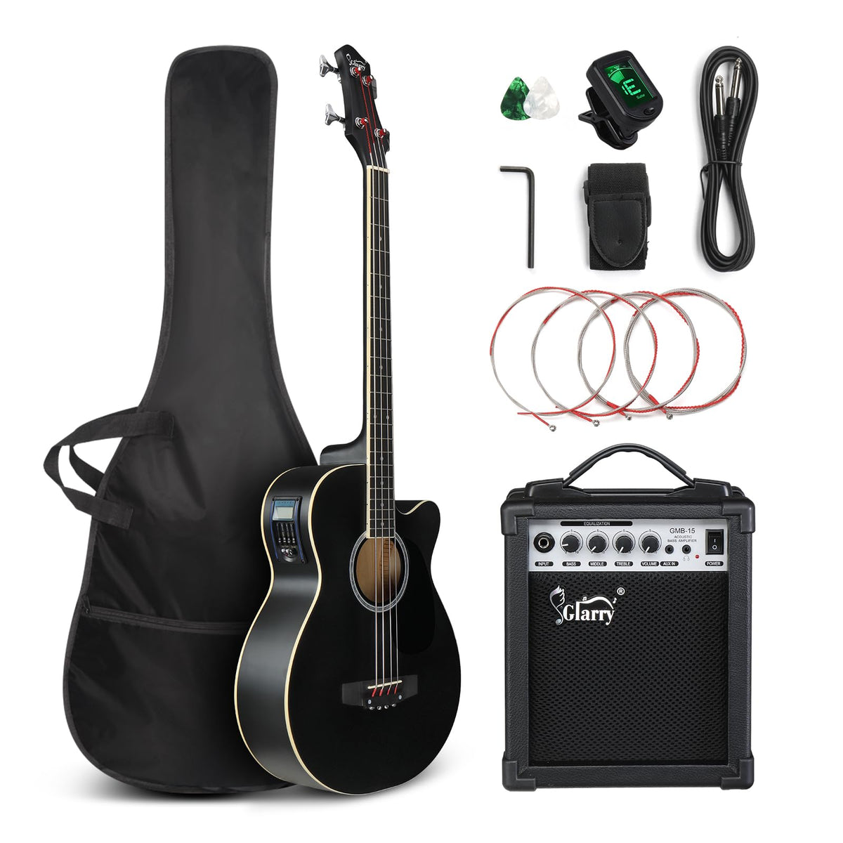 Full Size 4 Strings Acoustic Electric Bass Guitar Kit Matte Black B729