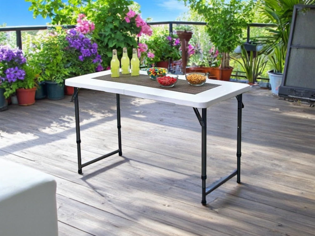 4 Foot Adjustable Height Folding Half Table White Plastic Top Steel Frame U7517