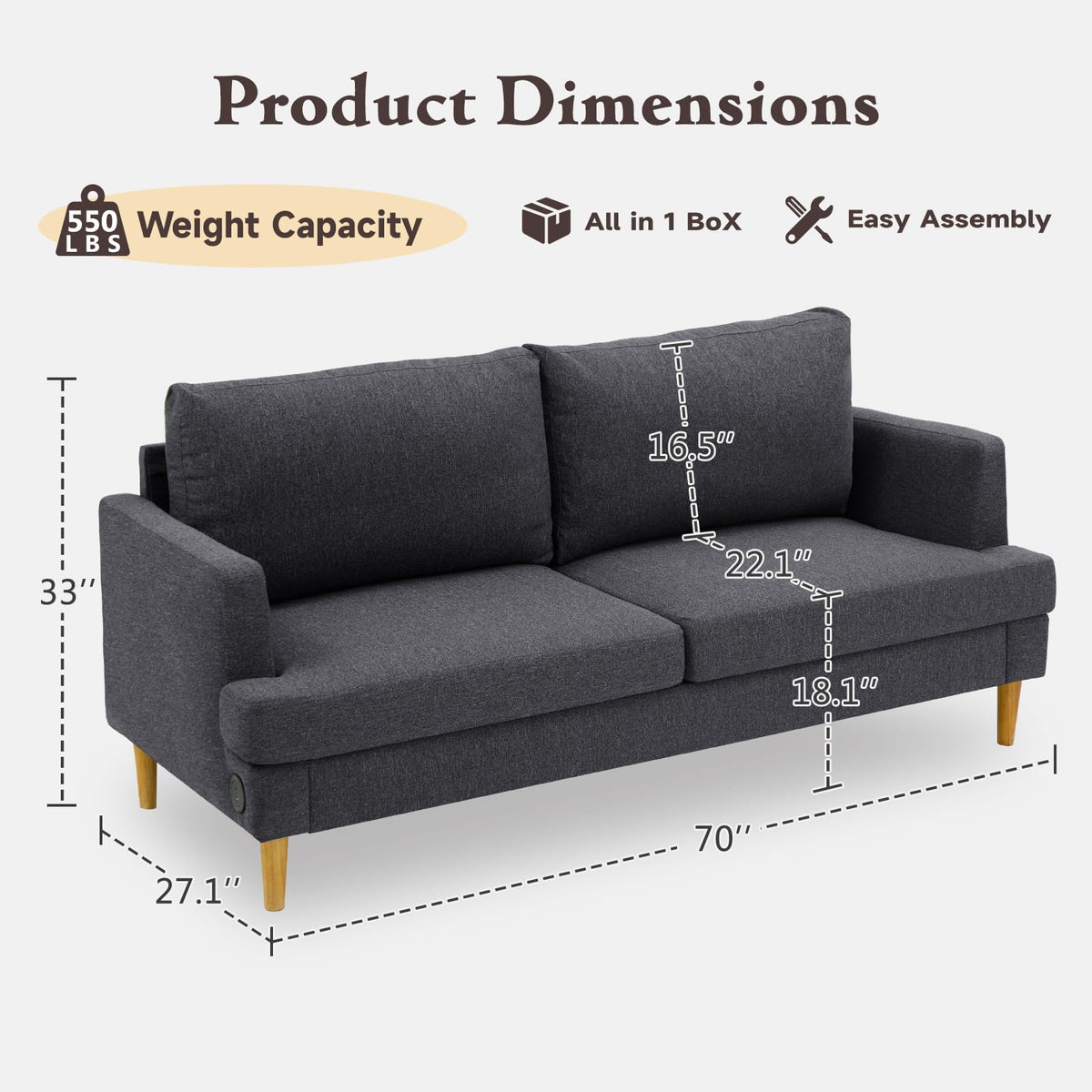 Dark Gray Upholstered 70" Loveseat Sofa N728580