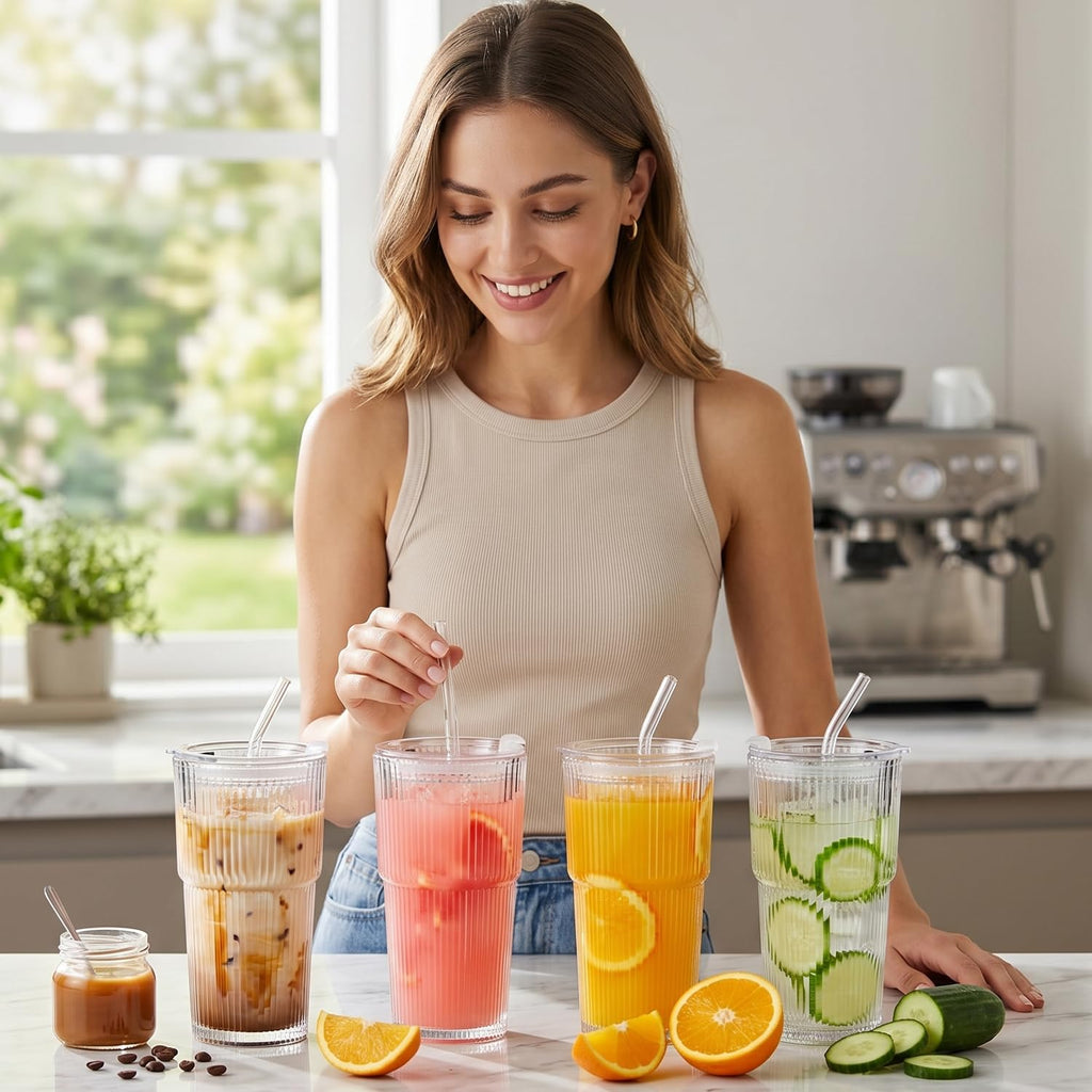 20oz Ribbed Glass Cups with Lids and Straws, Set of 4 W37571