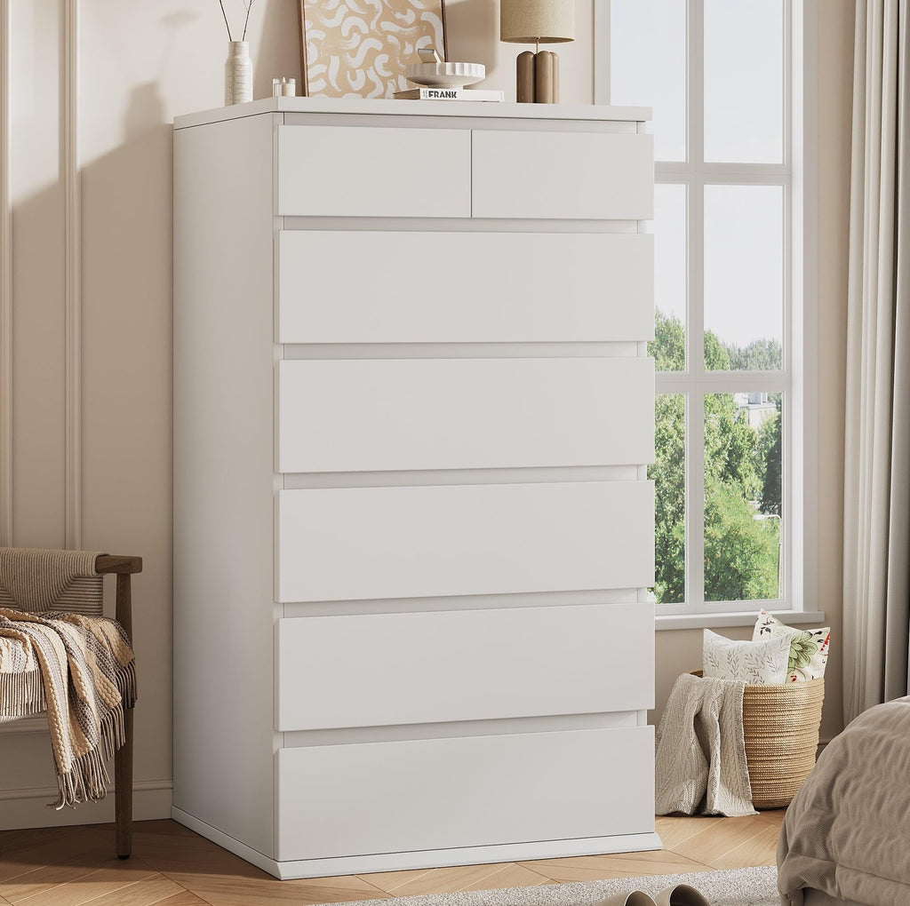 White Tall 7 Drawer Wood Dresser W6881