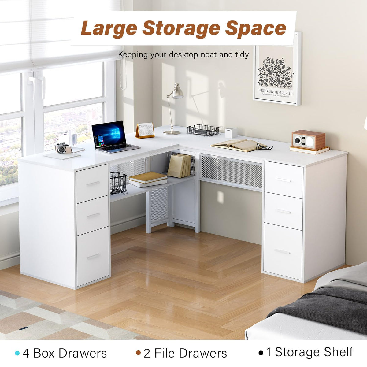 White L Shaped Desk with Drawers T193014