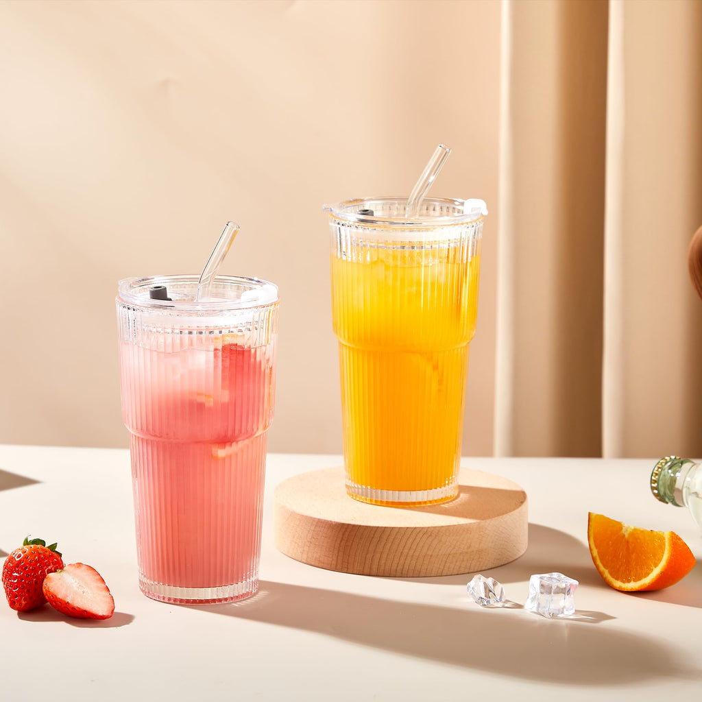 20oz Ribbed Glass Cups with Lids and Straws, Set of 4 W37571