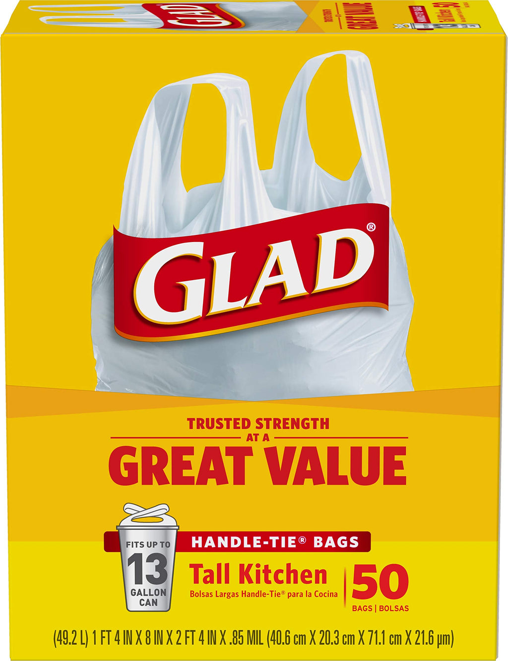 Tall Kitchen Trash Bags 13 Gallon Unscented Handle-Tie 50 Count V5867