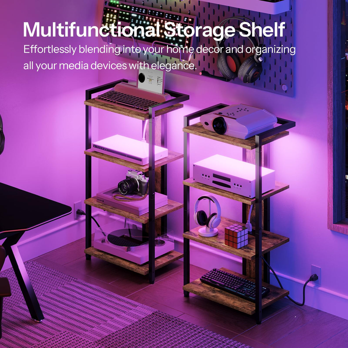4-Tier Media Stand with Charging Station & LED Light A76236