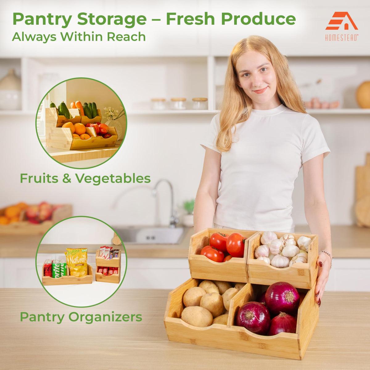 Bamboo Stackable Pantry Storage Bins Set of 3 T958820