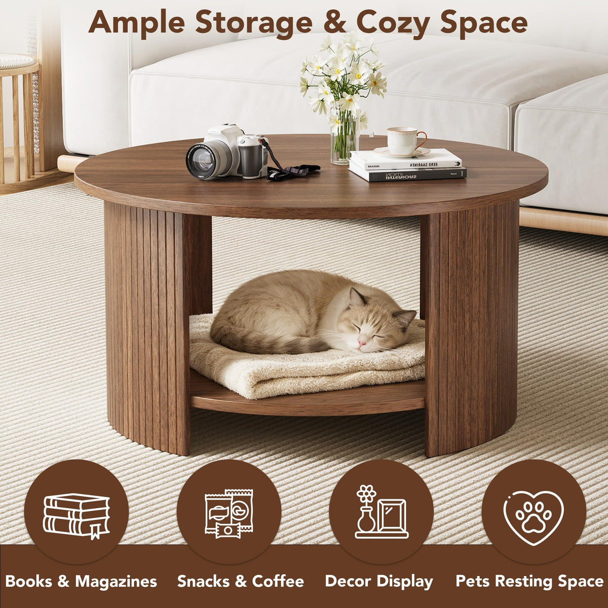 Round Coffee Table with Storage, 31.5" Modern Fluted 2-Tier Wood Coffee Table C530