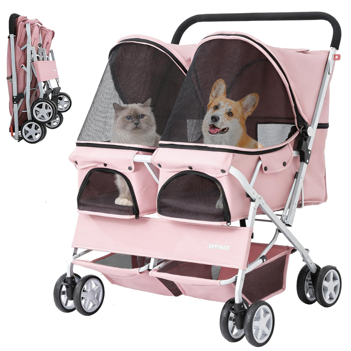 Double Pet Stroller for 2 Small Dogs & Cats, Side-by-Side Twin Travel Carriage with Safety Leashes, Mesh Windows & Double Storage Baskets, Lightweight & Foldable, 44lbs Capacity, Pink U5630