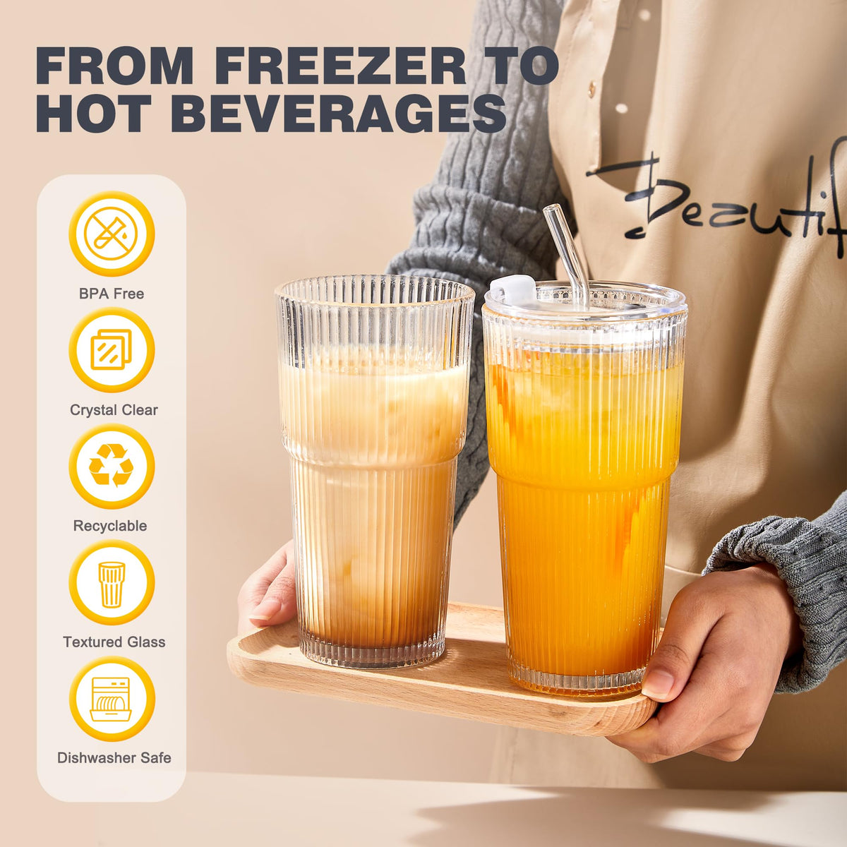 20oz Ribbed Glass Cups with Lids and Straws, Set of 4 W37571