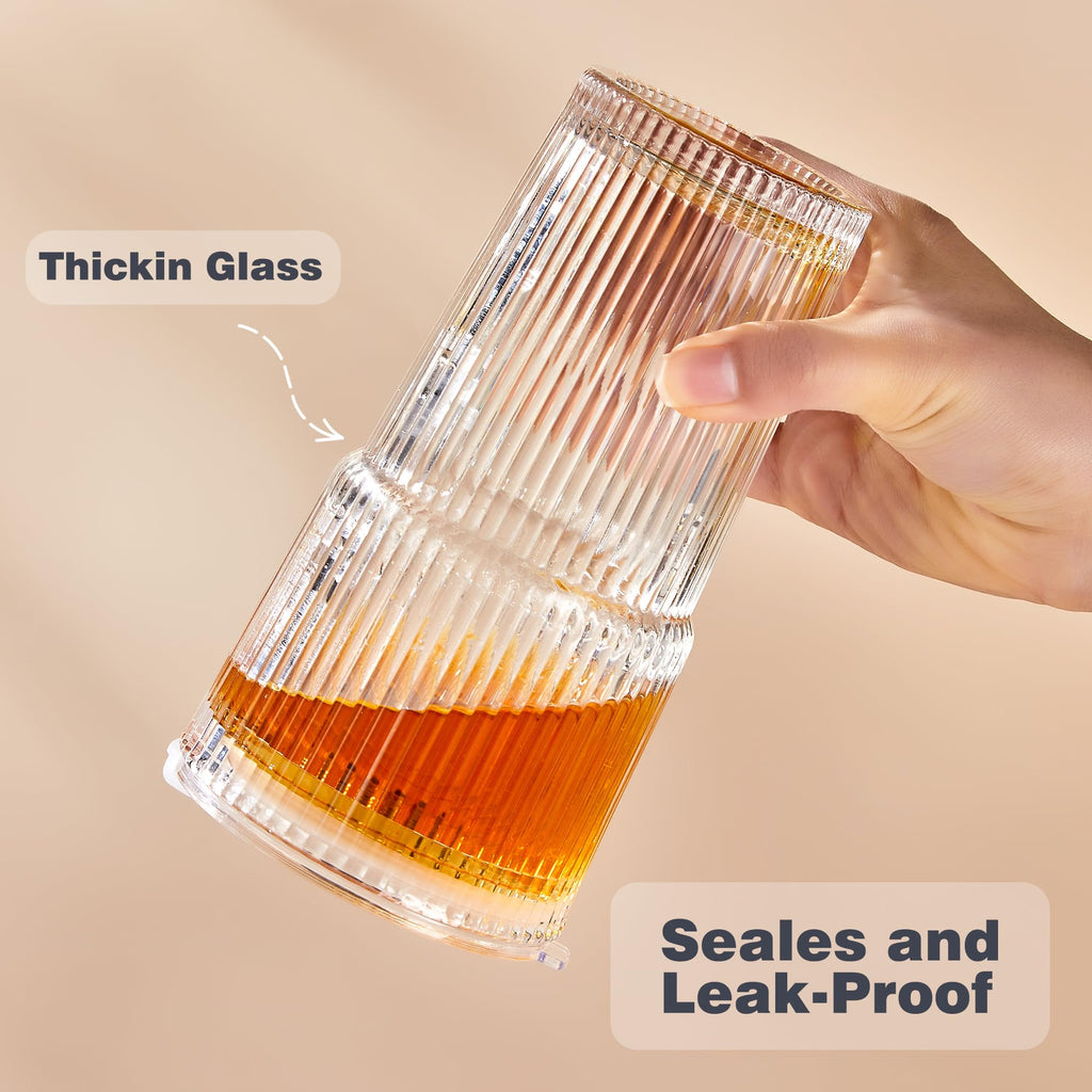 20oz Ribbed Glass Cups with Lids and Straws, Set of 4 W37571