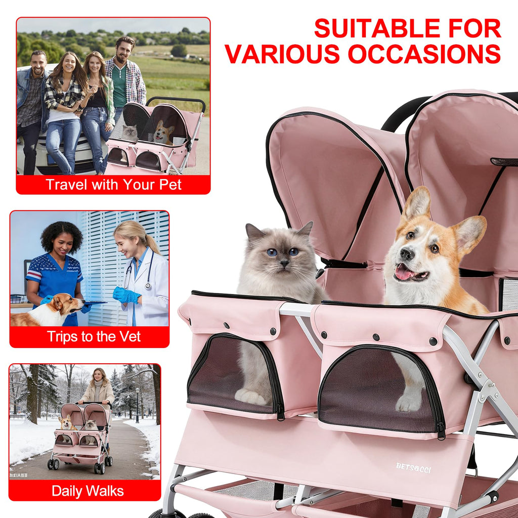 Double Pet Stroller for 2 Small Dogs & Cats, Side-by-Side Twin Travel Carriage with Safety Leashes, Mesh Windows & Double Storage Baskets, Lightweight & Foldable, 44lbs Capacity, Pink U5630