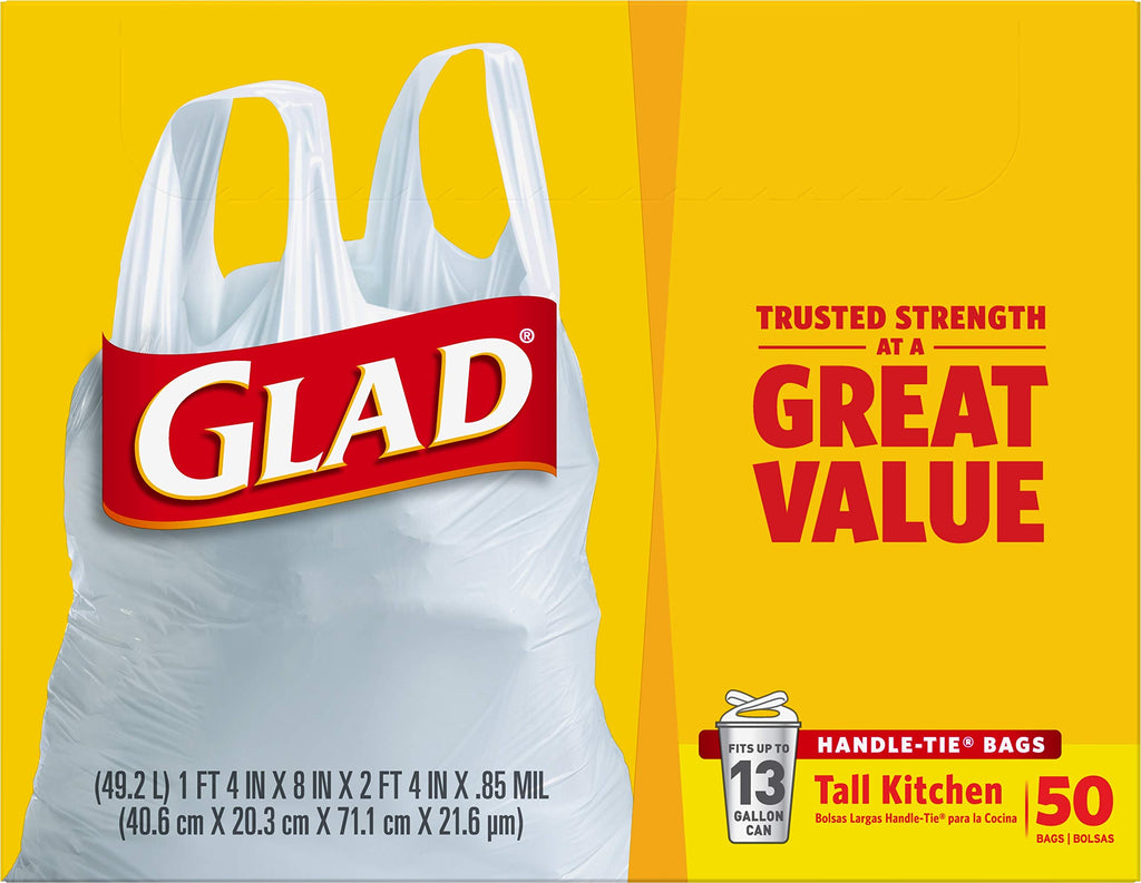 Tall Kitchen Trash Bags 13 Gallon Unscented Handle-Tie 50 Count V5867