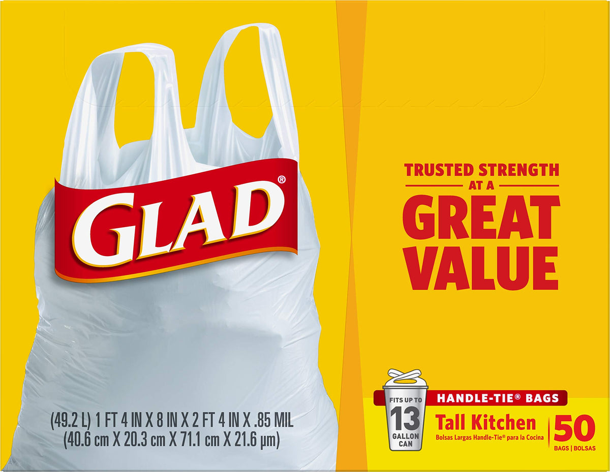 Tall Kitchen Trash Bags 13 Gallon Unscented Handle-Tie 50 Count V5867
