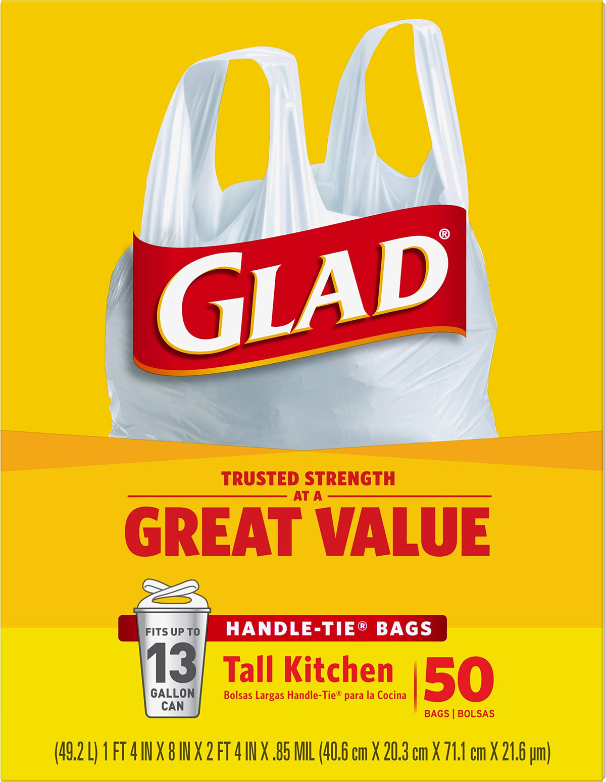 Tall Kitchen Trash Bags 13 Gallon Unscented Handle-Tie 50 Count V5867