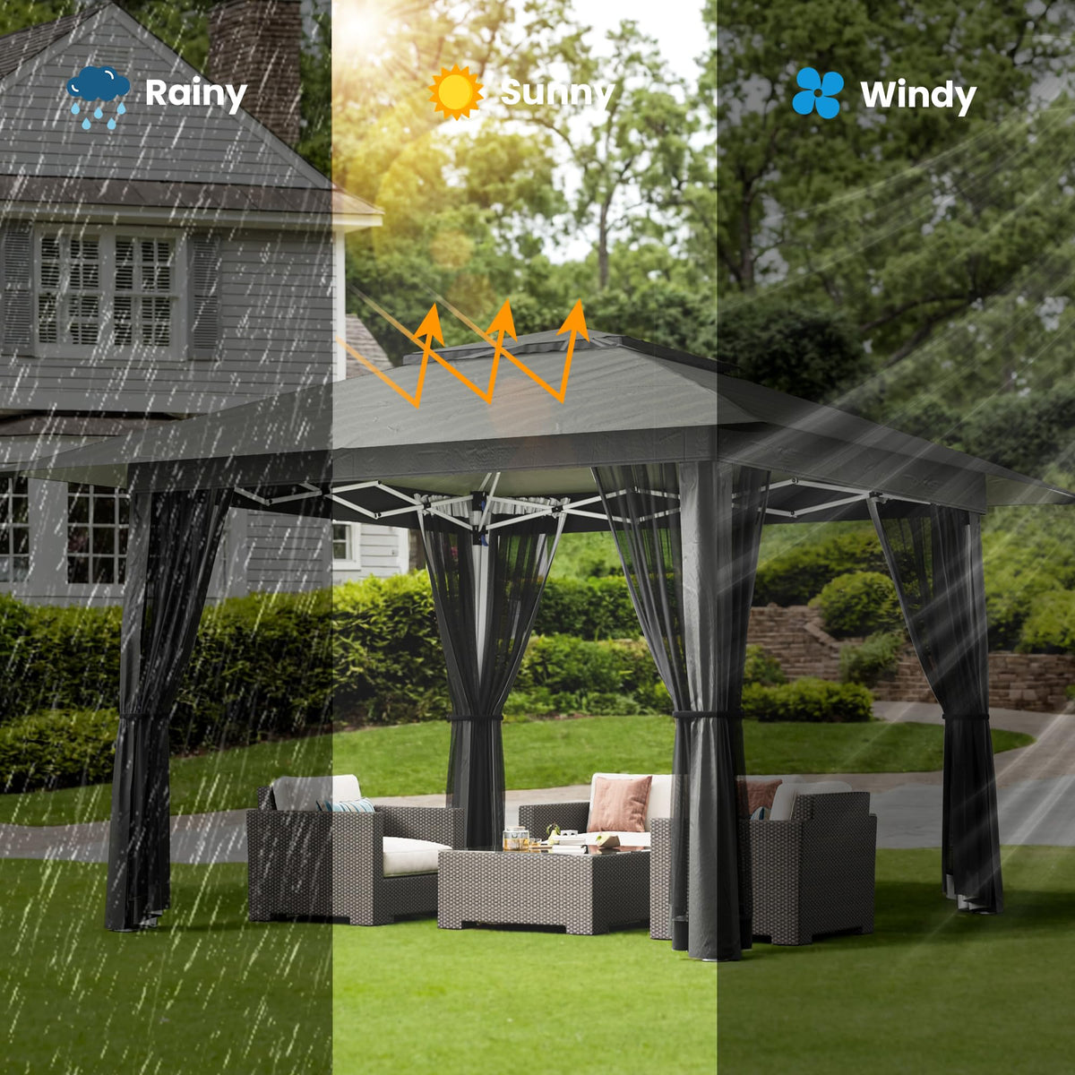 13x13 Pop Up Gazebo Tent with Mosquito Netting Grey C54341