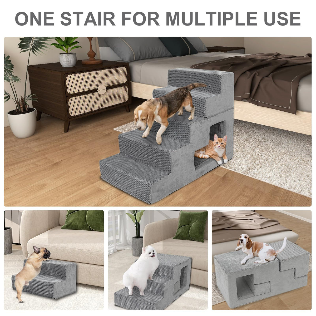 Grey 5-Step Dog Stairs with Non-Slip Washable Cover I979823