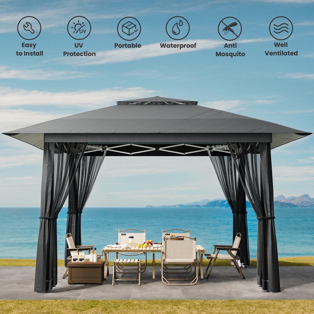13x13 Pop Up Gazebo Tent with Mosquito Netting Grey C54341